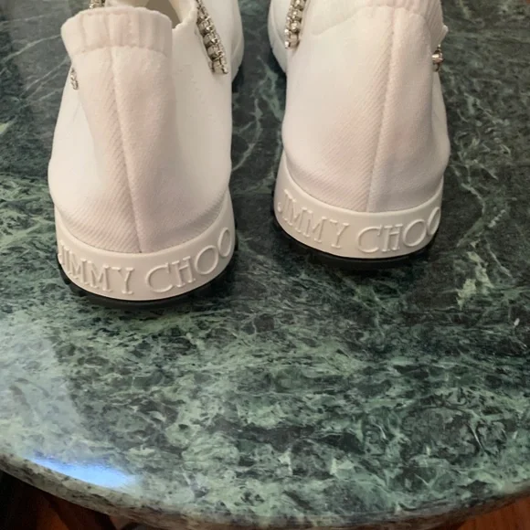 NWOB Jimmy Choo White Embellished Knit Sneakers sz 39
